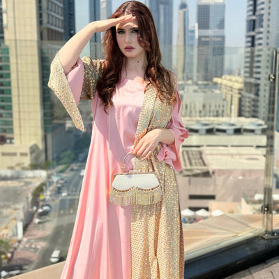 Pink Silk gown designed with fancy chiffon sequins fabric