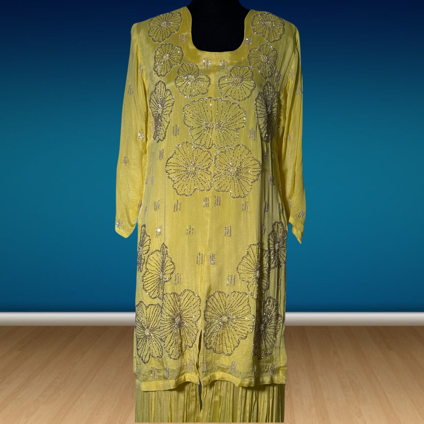 3 piece chiffon dress palazzo with short shirt (modern style handwork embroidery)