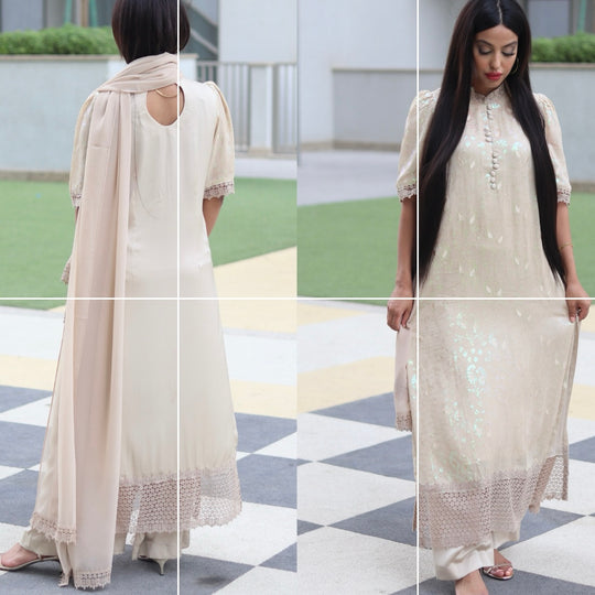 Echo Beige Satin Maxi Stitched 3 Pcs