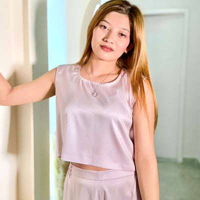 Pink Flared High-Waisted Pants with Deep V-Neck Top and inner (3-Piece Set)