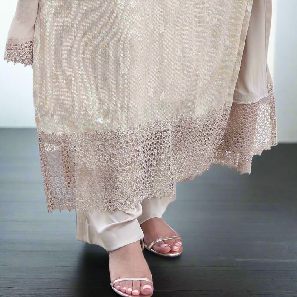 Echo Beige Satin kurta style Stitched 3 Pcs