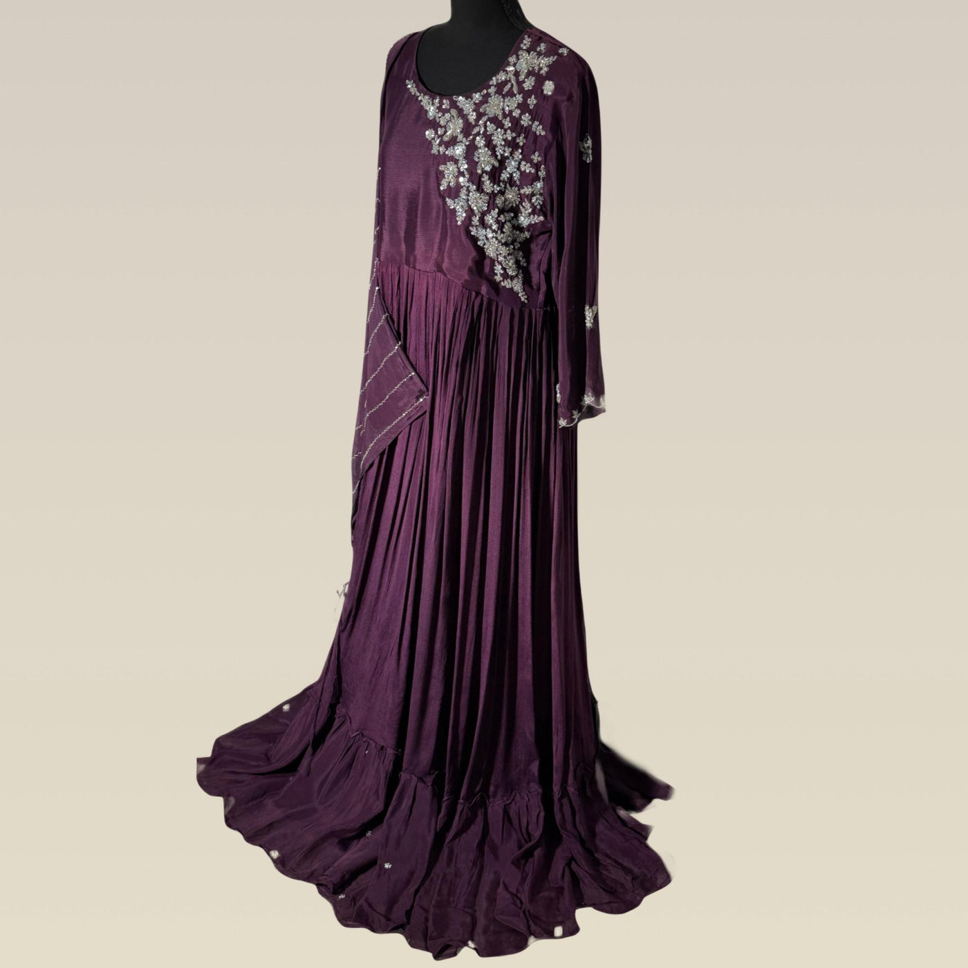 Elegant purple chiffon gown with hand embroidery and sequence