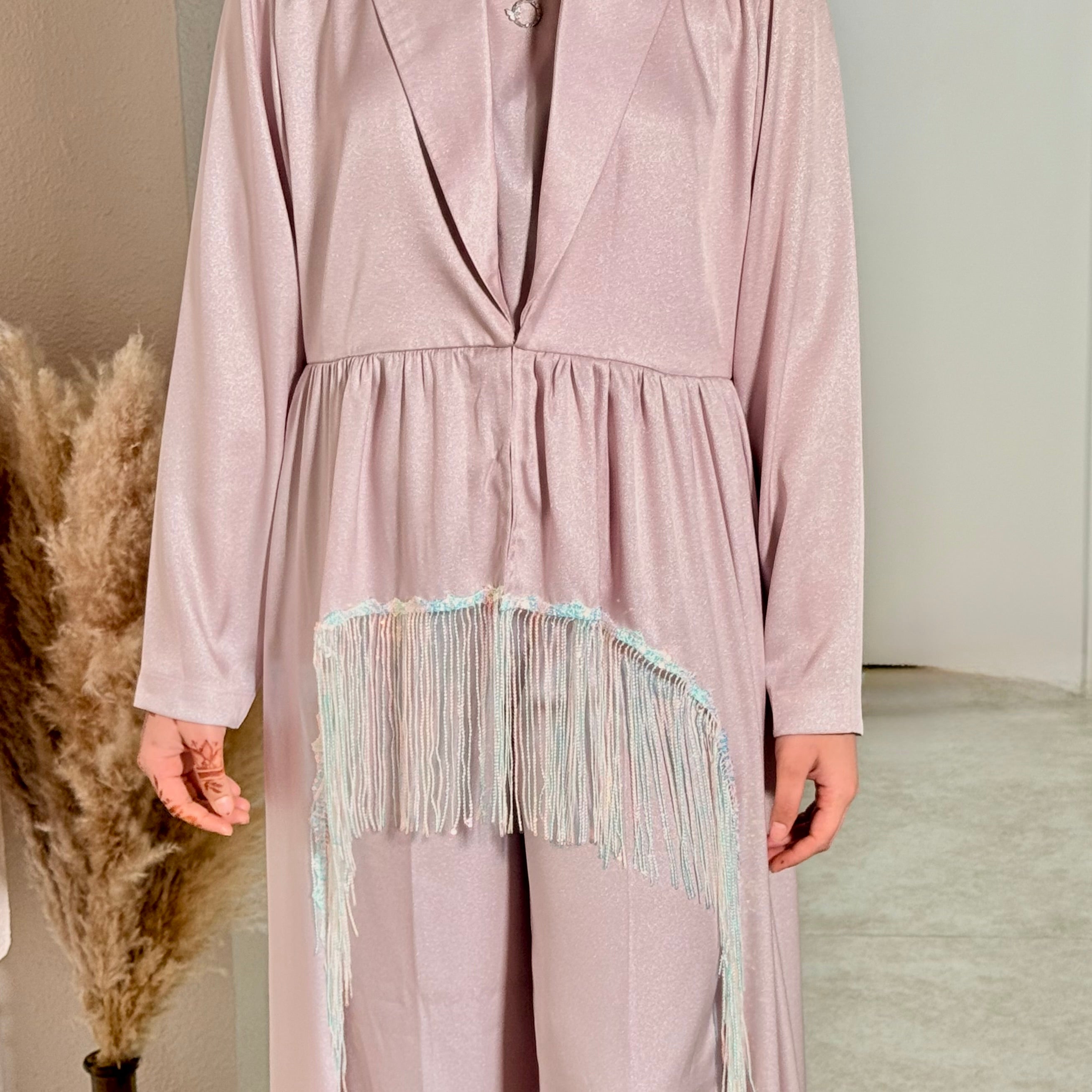 Pink Flared High-Waisted Pants with Deep V-Neck Top and inner (3-Piece Set)