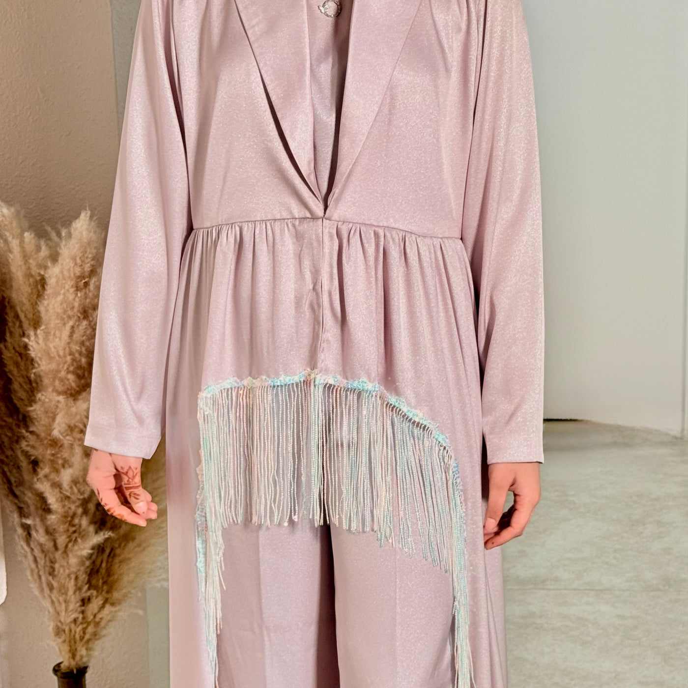 Pink Flared High-Waisted Pants with Deep V-Neck Top and inner (3-Piece Set)