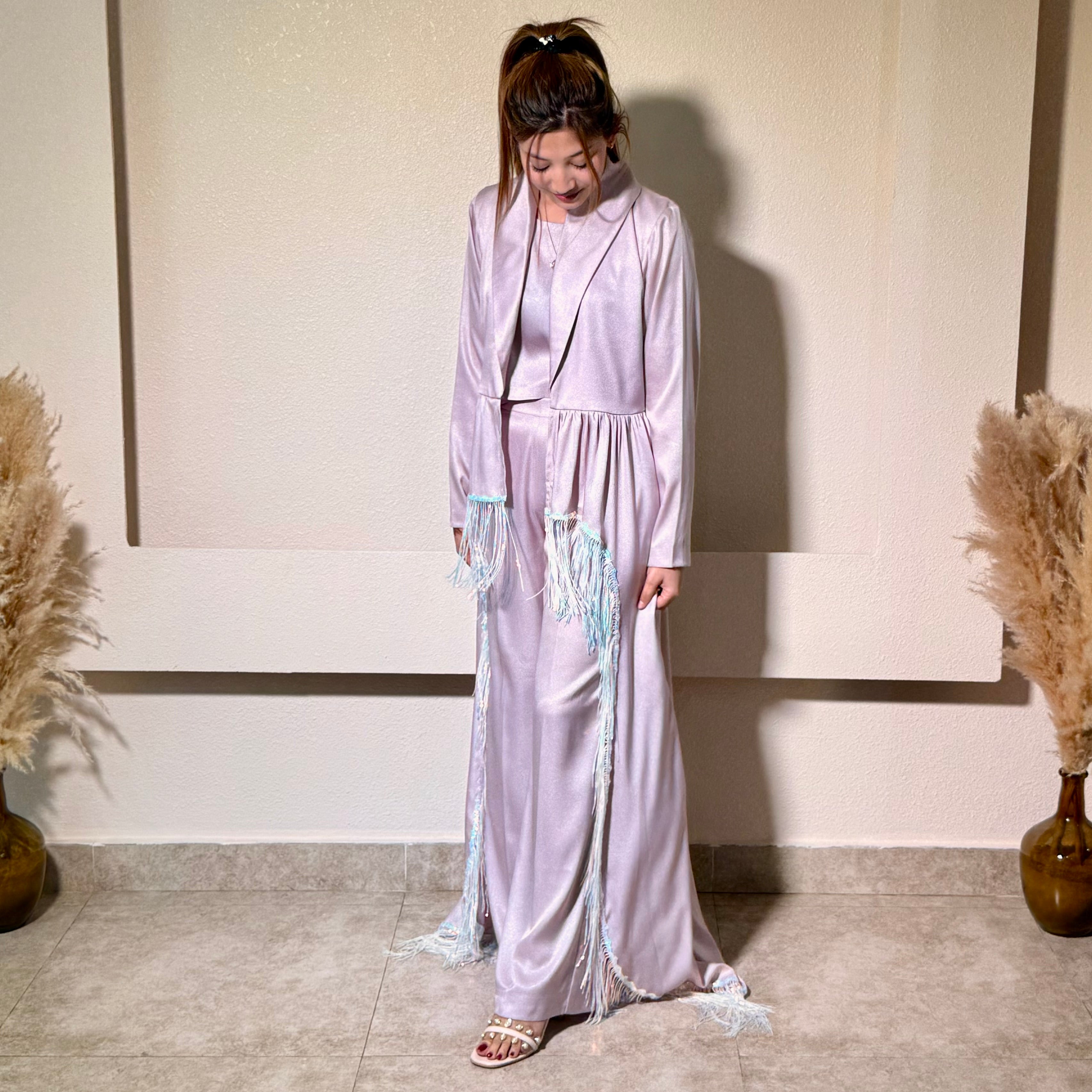 Pink Flared High-Waisted Pants with Deep V-Neck Top and inner (3-Piece Set)