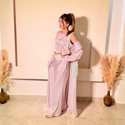 Pink Flared High-Waisted Pants with Deep V-Neck Top and inner (3-Piece Set)