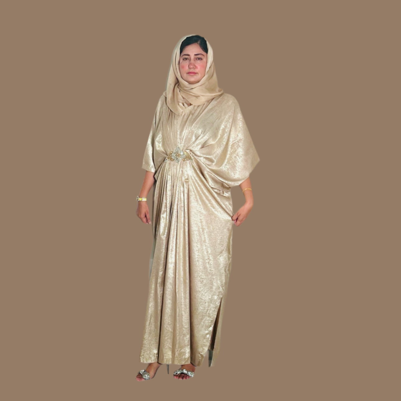 Gold V-Neck Kaftan with Motif