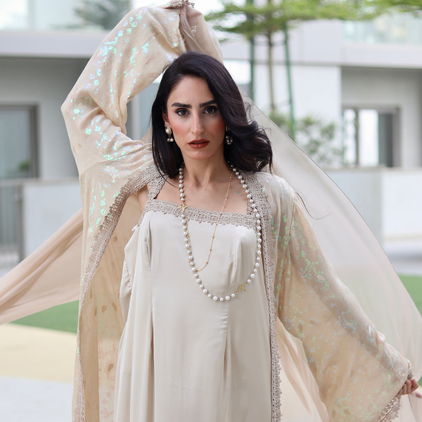 Layered Cape & Maxi Stitched 2 Pcs