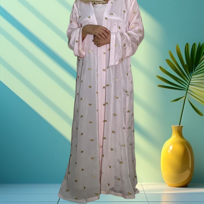 Baby pink Crepe chiffon metallic with crystal design (Jellabiya)