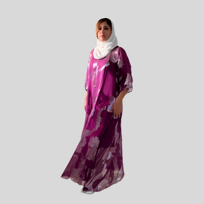Luxury Purple Silk Chiffon with Gold Floral Lurex – Premium Fabric