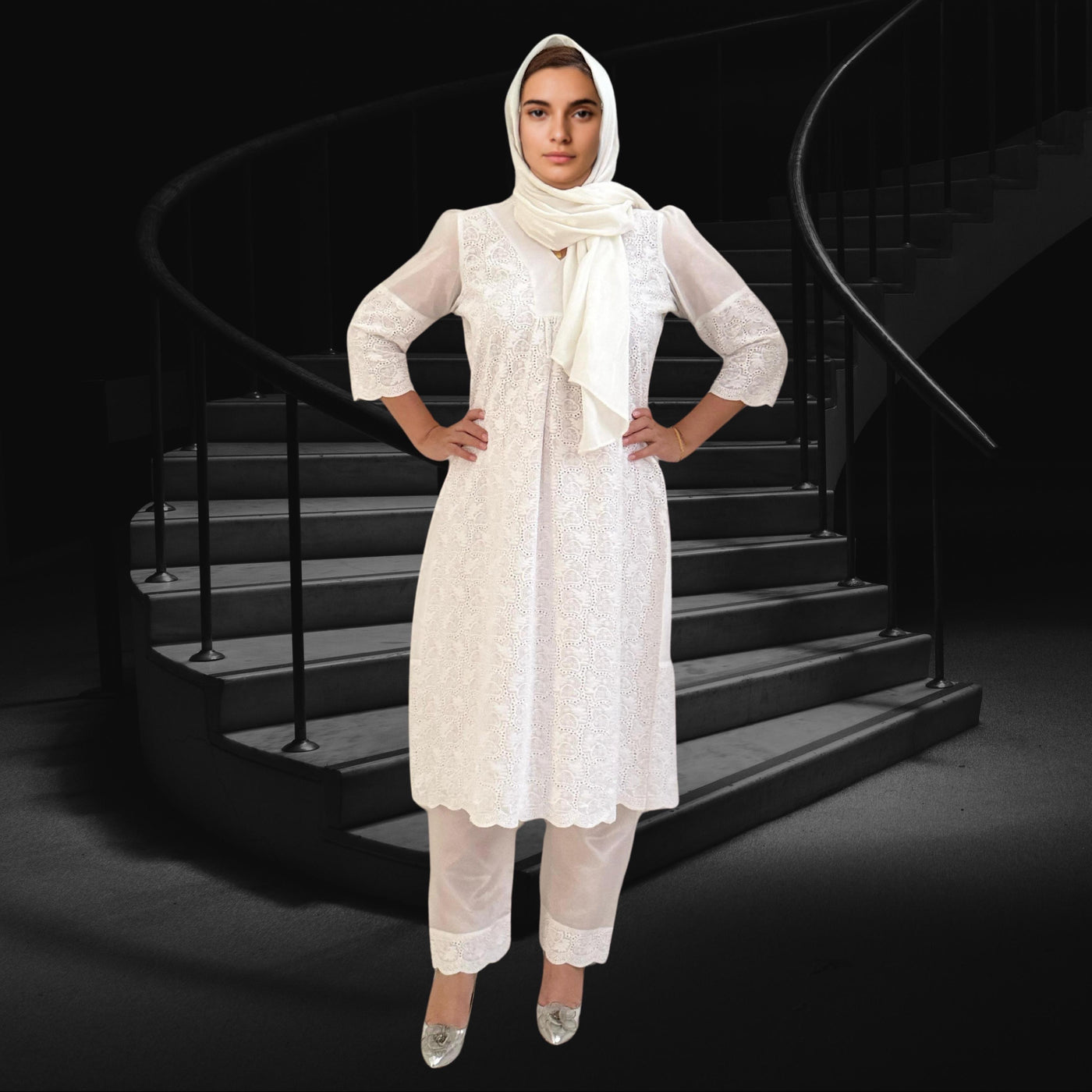 White Chikenkari Top two Satin Trousers