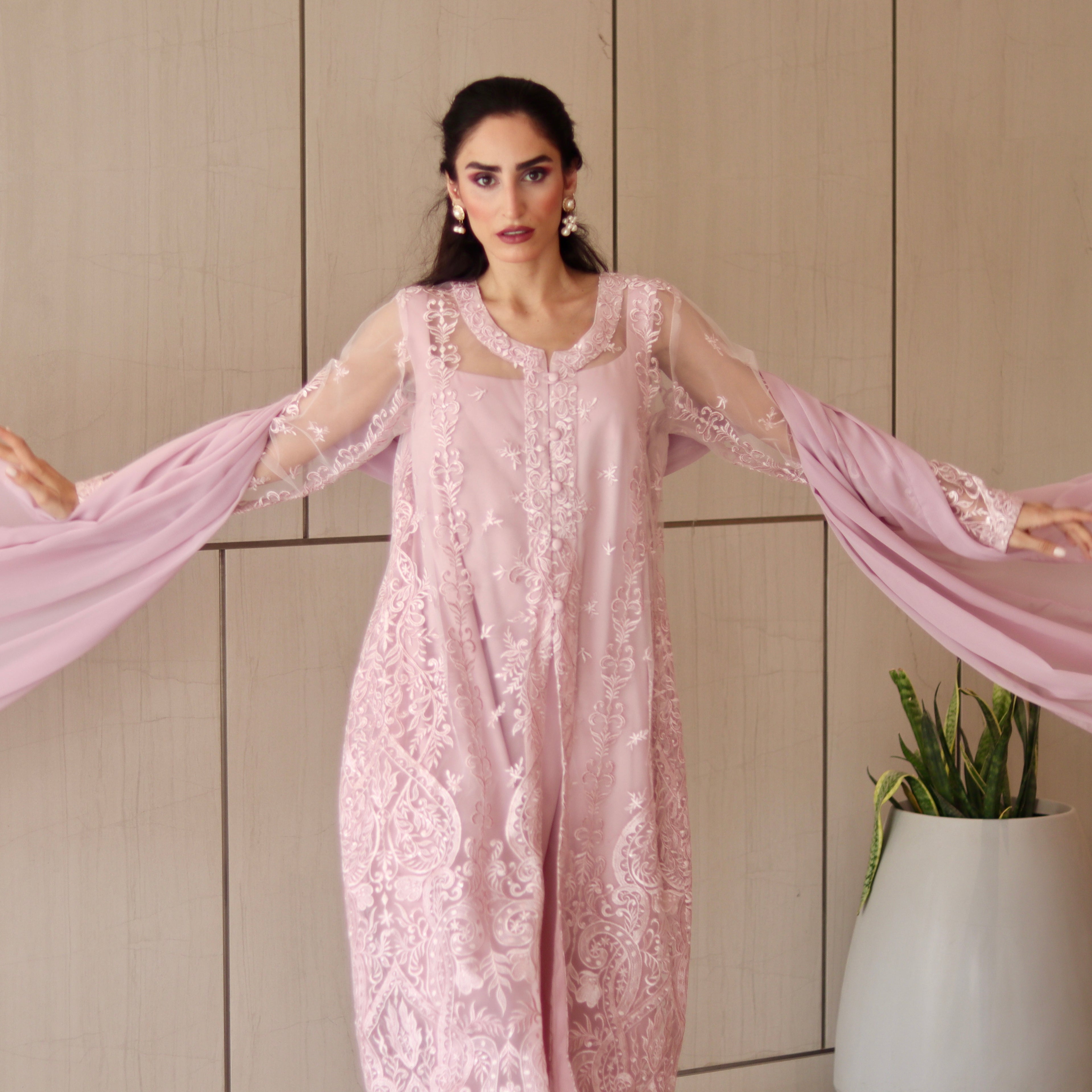 Pink Oasis-Thread embroidery & Water Sequins Stitched 3 Pcs