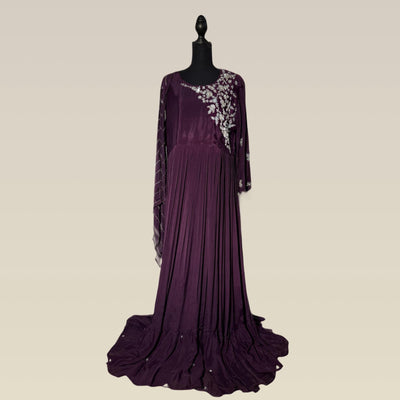 Elegant purple chiffon gown with hand embroidery and sequence
