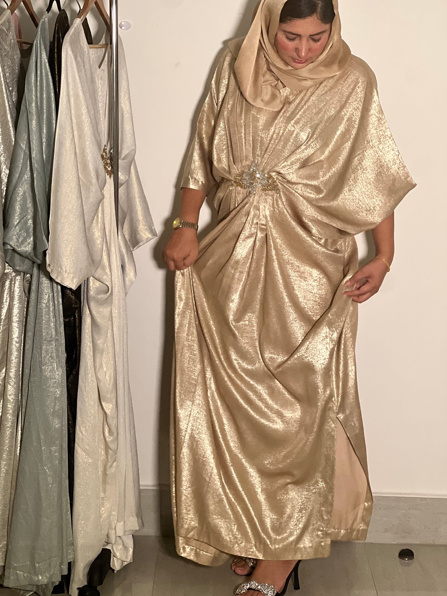 Gold V-Neck Kaftan with Motif