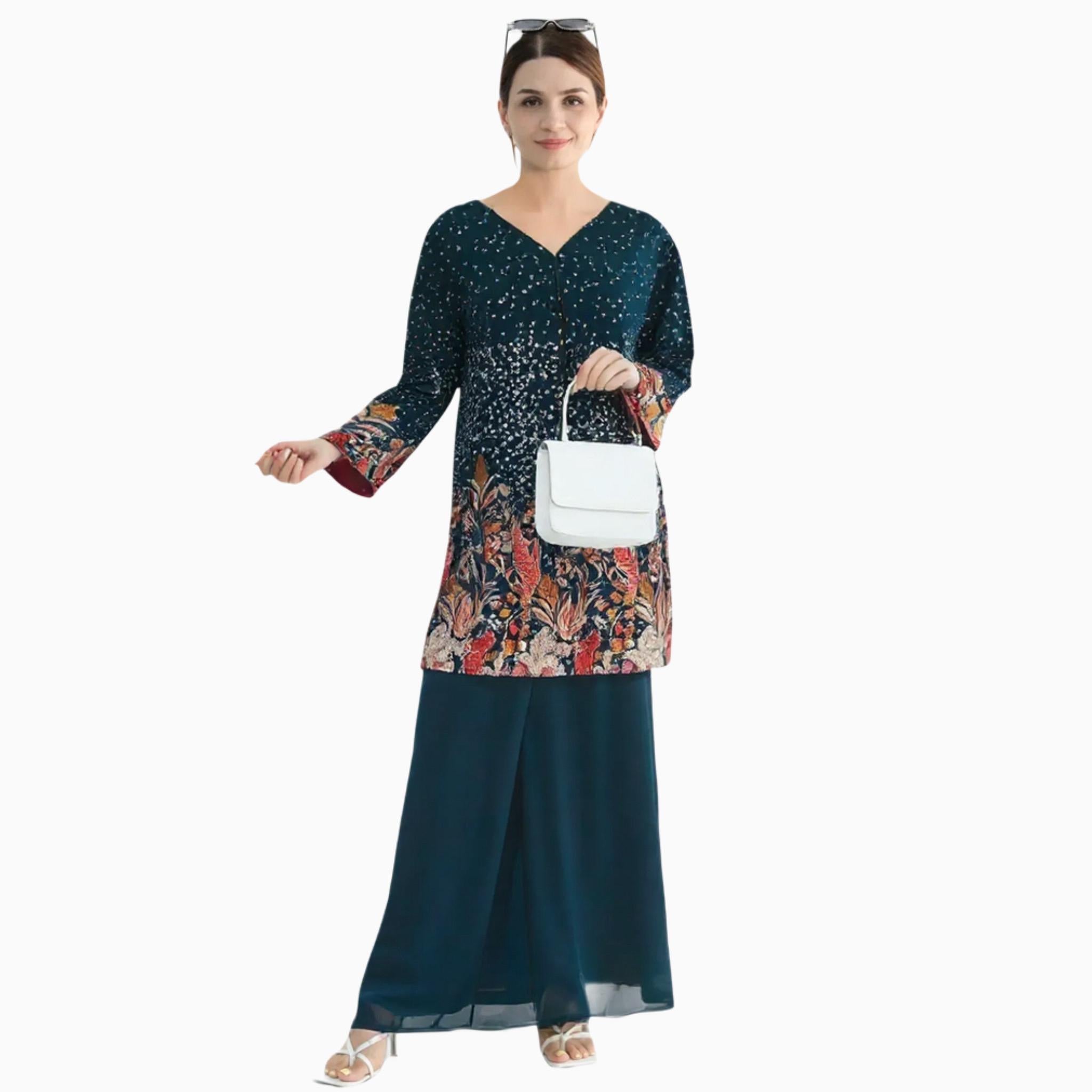 Chiffon full embroidery shirt with palazzo Stitched 3 Pcs