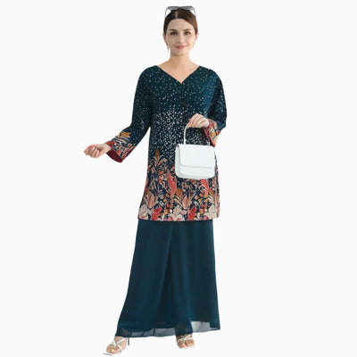 Navy blue Chiffon Sequence thread work palazzo trousers with short shirt and dupatta