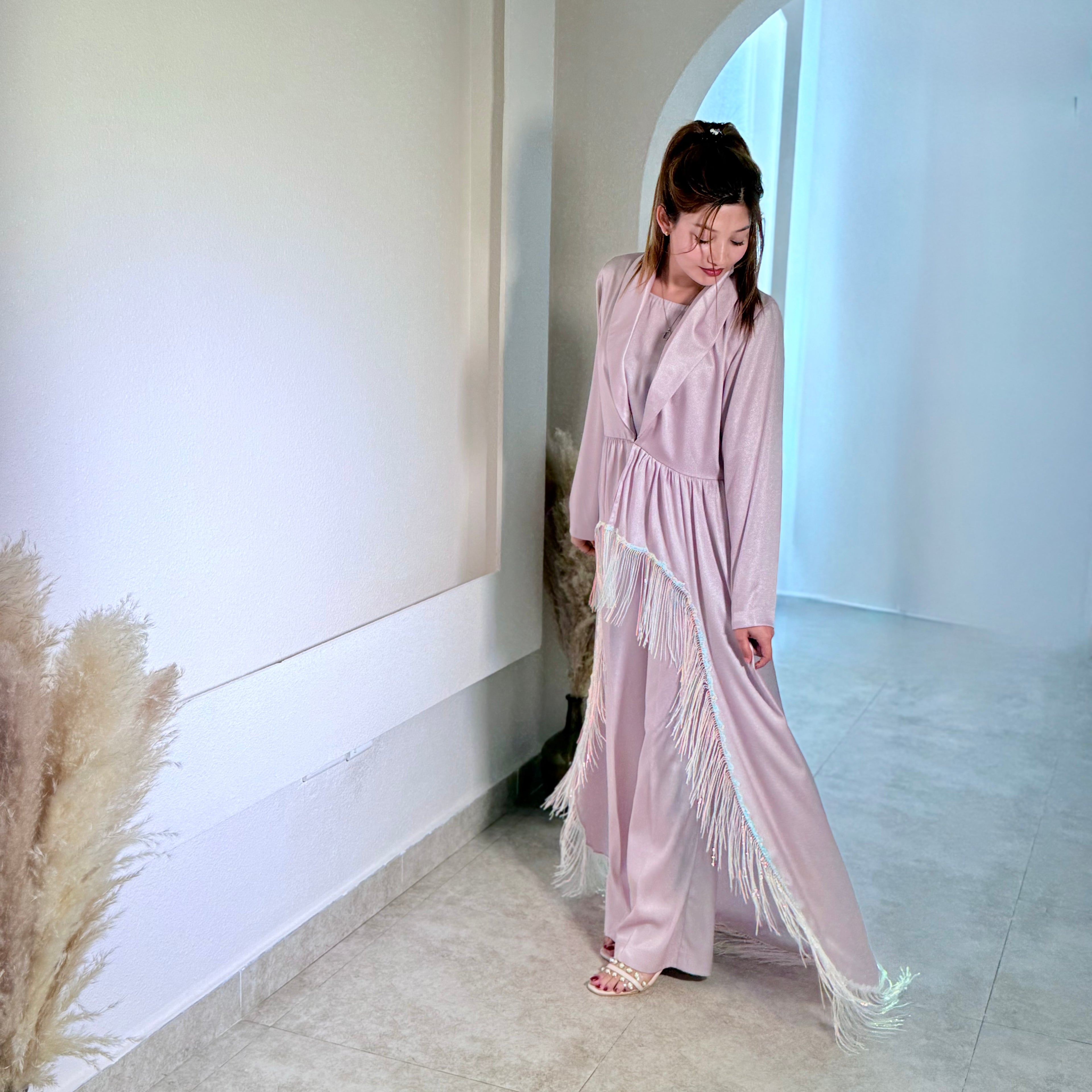 Pink Flared High-Waisted Pants with Deep V-Neck Top and inner (3-Piece Set)