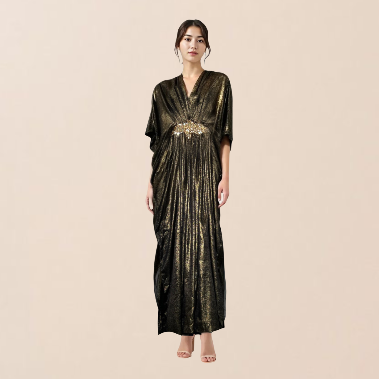 Black & Gold V-Neck Kaftan with Motif