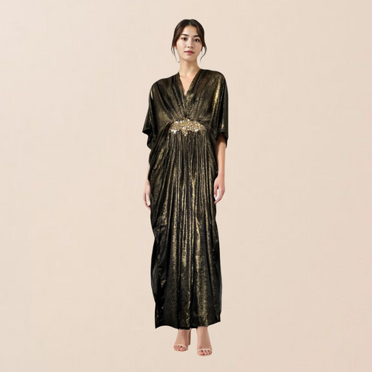 Black & Gold V-Neck Kaftan with Motif
