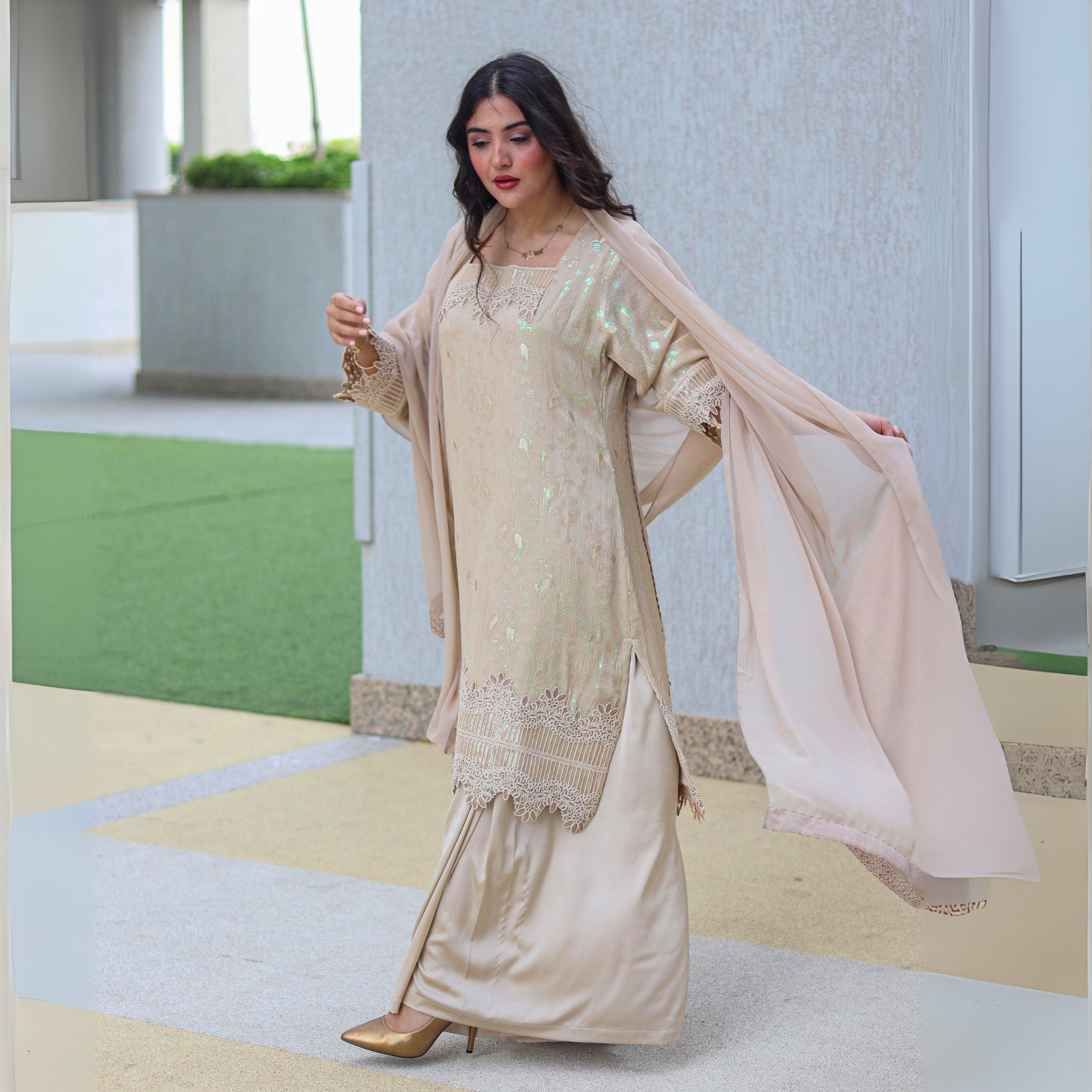 Cloud Beige Silk Stitched 3 Pcs Set