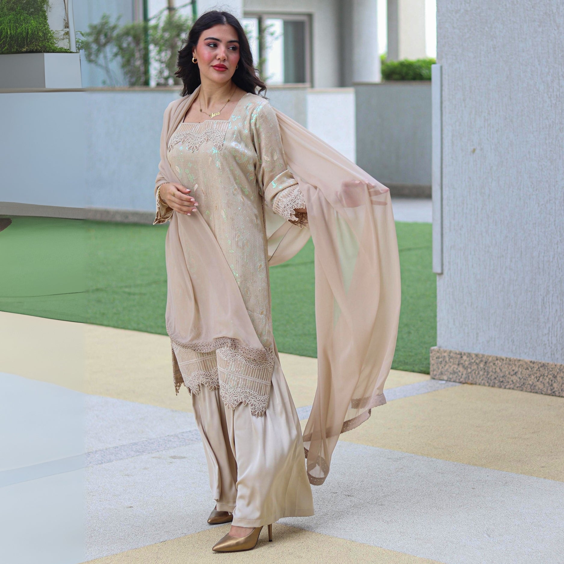 Cloud Beige Silk Stitched 3 Pcs Set