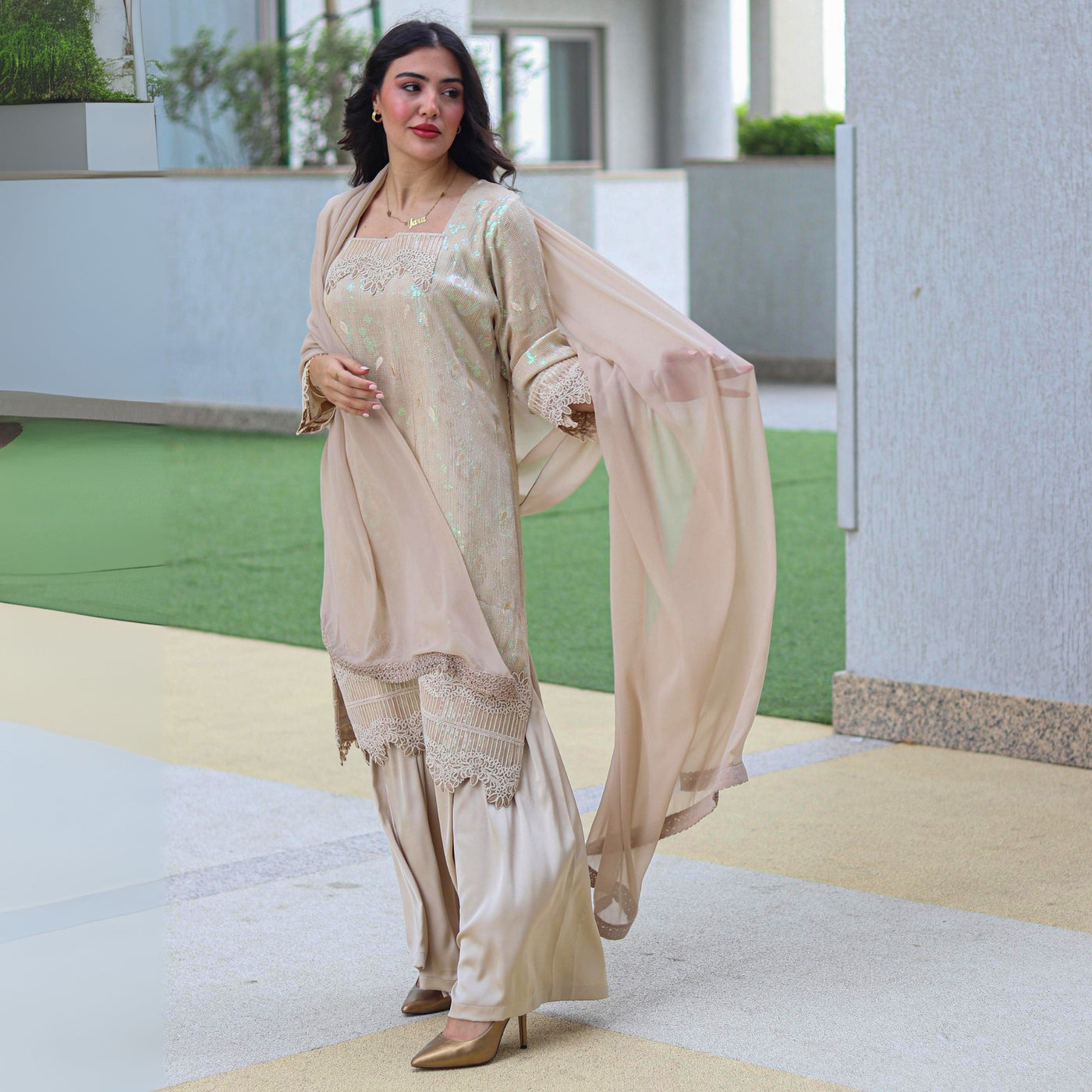 Cloud Beige Silk Stitched 3 Pcs Set