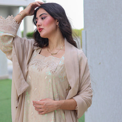 Cloud Beige Silk Stitched 3 Pcs Set