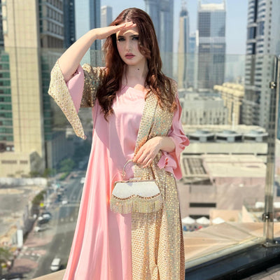 Pink Silk gown designed with fancy chiffon sequins fabric