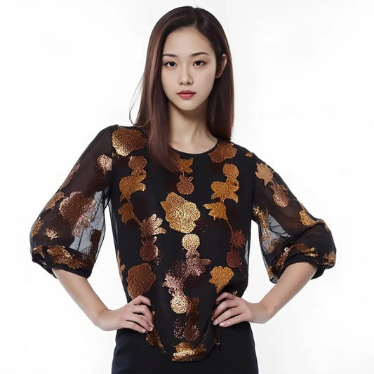 French Silk Chiffon Flower 
Design Top with Soft Brown Trouser