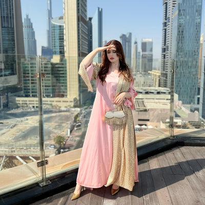Pink Silk gown designed with fancy chiffon sequins fabric