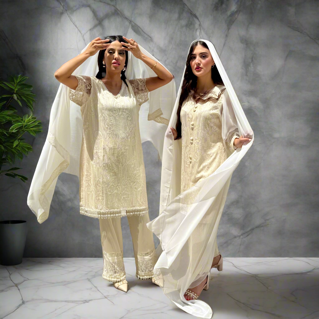 Cream Chikankari 3-Piece Dress – Formal | Office | Party Wear