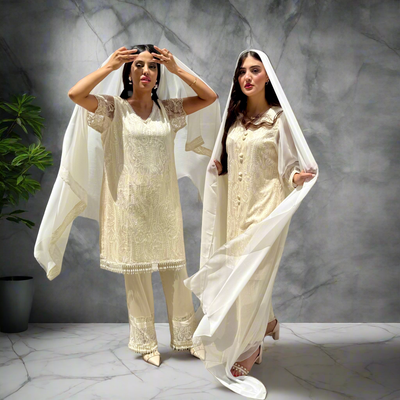 Cream Chikankari 3-Piece Dress – Formal | Office | Party Wear