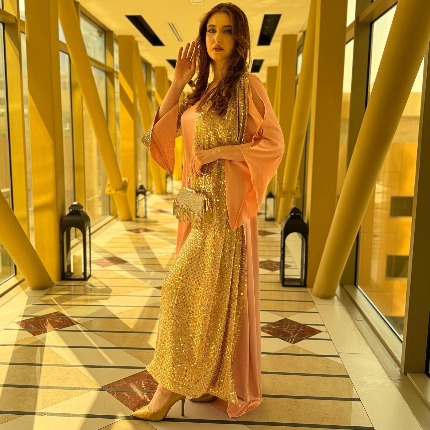 Pink Silk gown designed with fancy chiffon sequins fabric