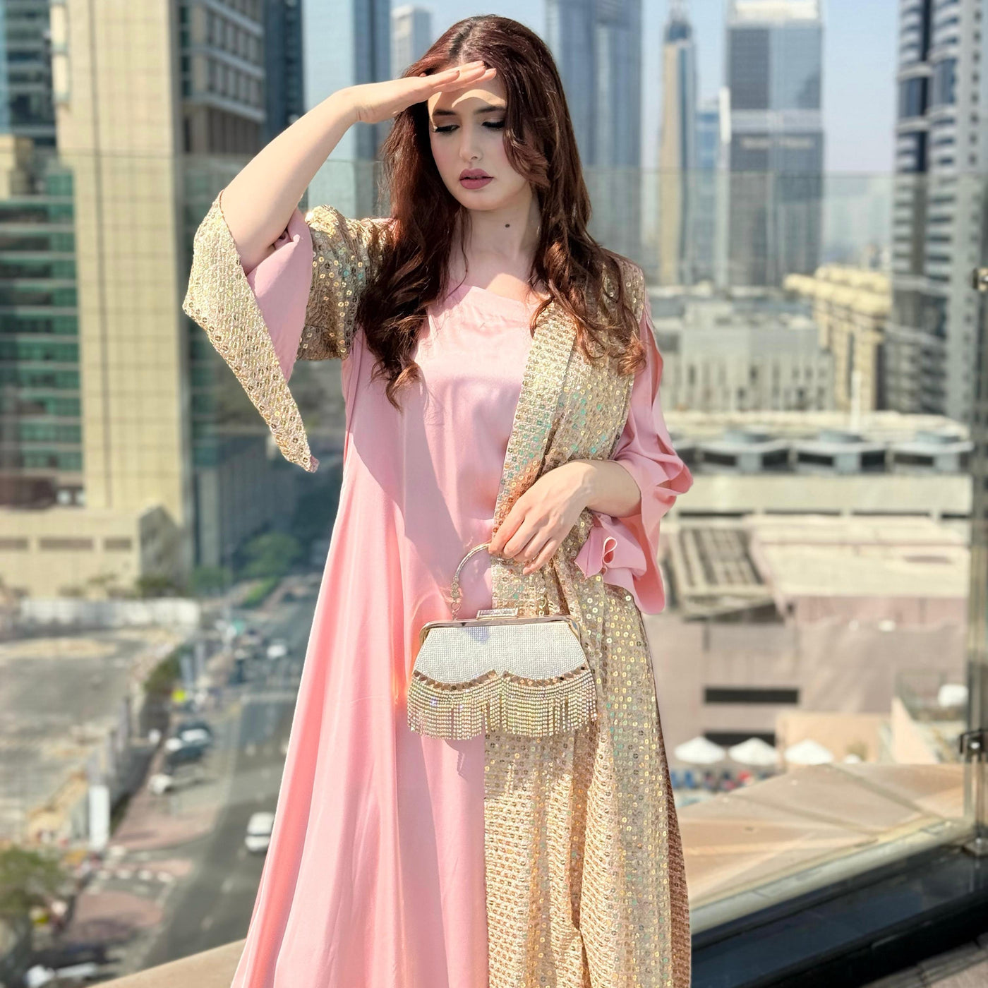 Pink Silk gown designed with fancy chiffon sequins fabric
