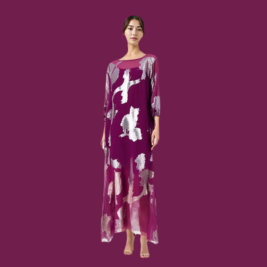 A Line Wine Purple Premium pure French silk chiffon fabric with gold metallic lurex in floral design