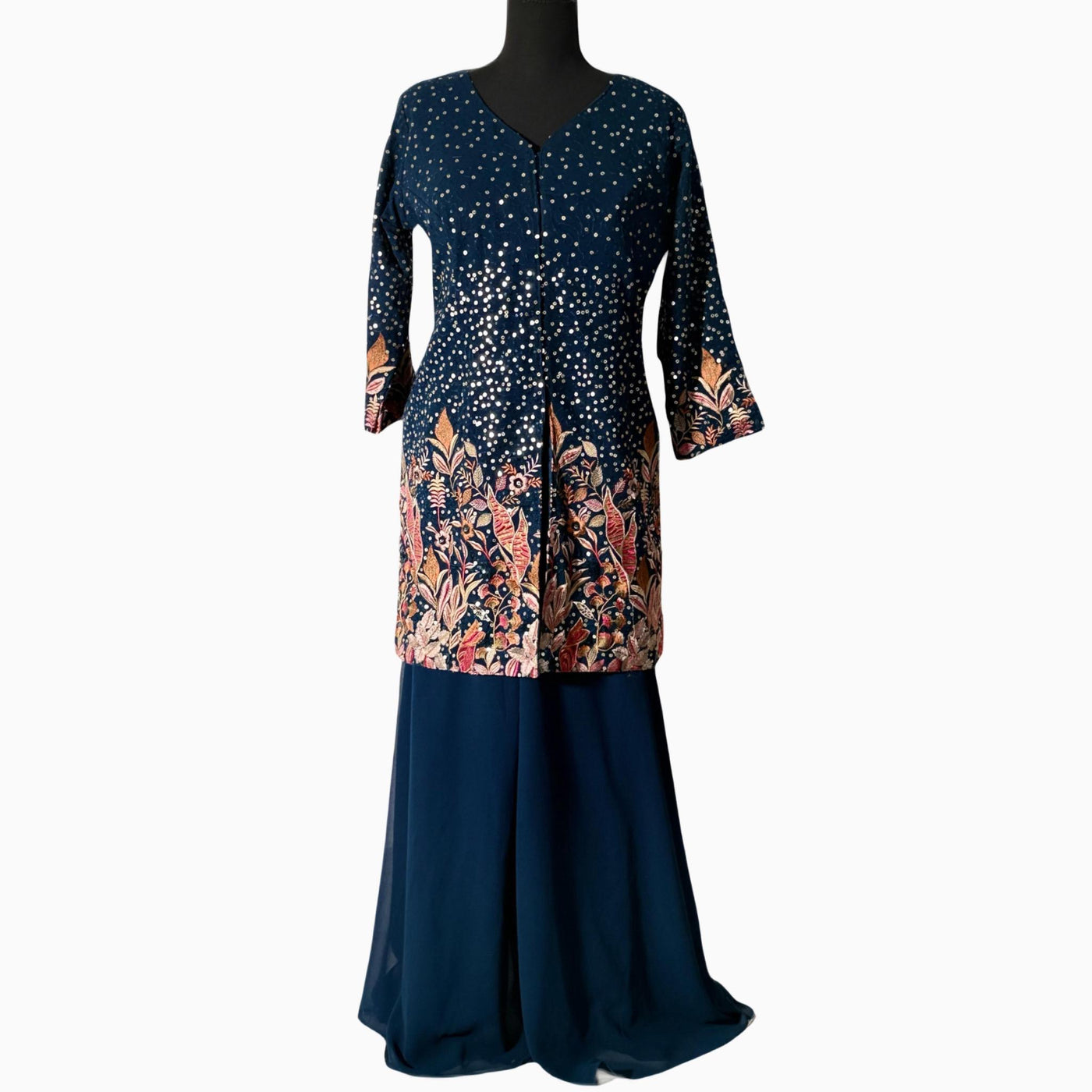 Navy blue Chiffon Sequence thread work palazzo trousers with short shirt and dupatta