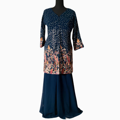 Navy blue Chiffon Sequence thread work palazzo trousers with short shirt and dupatta
