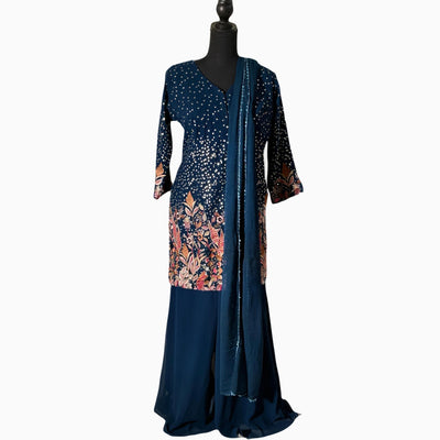 Navy blue Chiffon Sequence thread work palazzo trousers with short shirt and dupatta