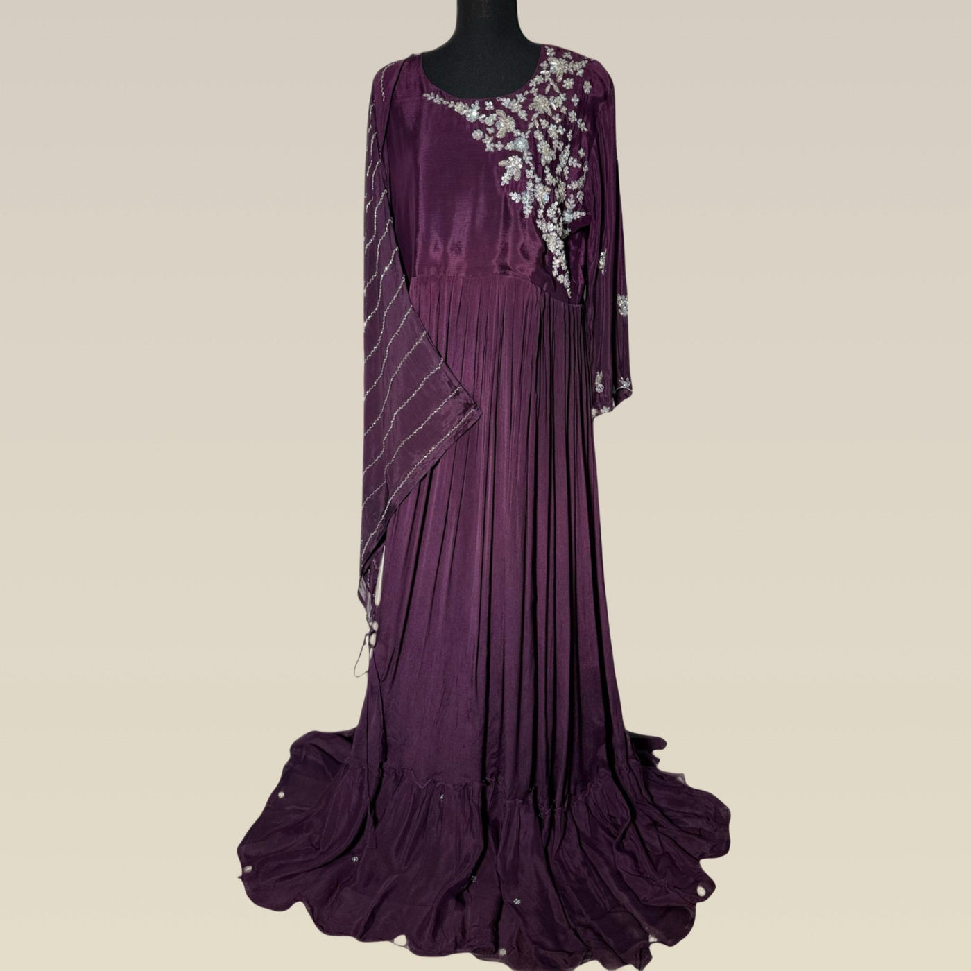 Elegant purple chiffon gown with hand embroidery and sequence