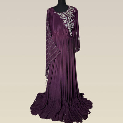 Elegant purple chiffon gown with hand embroidery and sequence