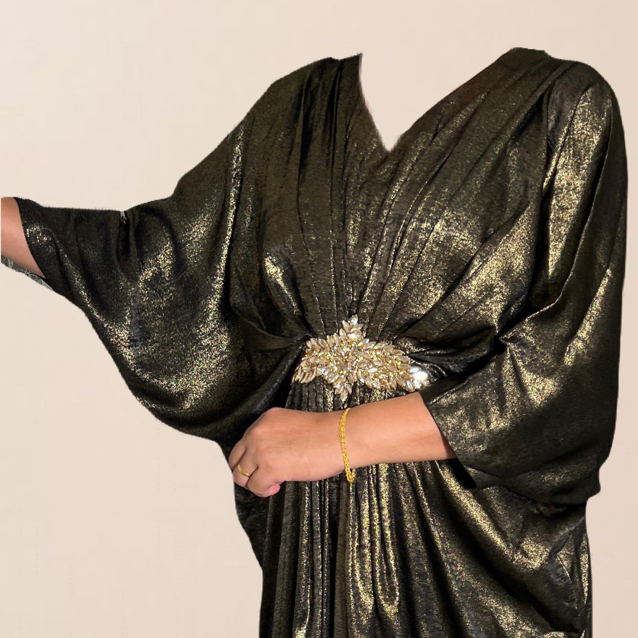 Black & Gold V-Neck Kaftan with Motif
