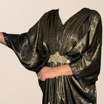 Black & Gold V-Neck Kaftan with Motif