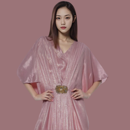Pink V-Neck Kaftan with Motif