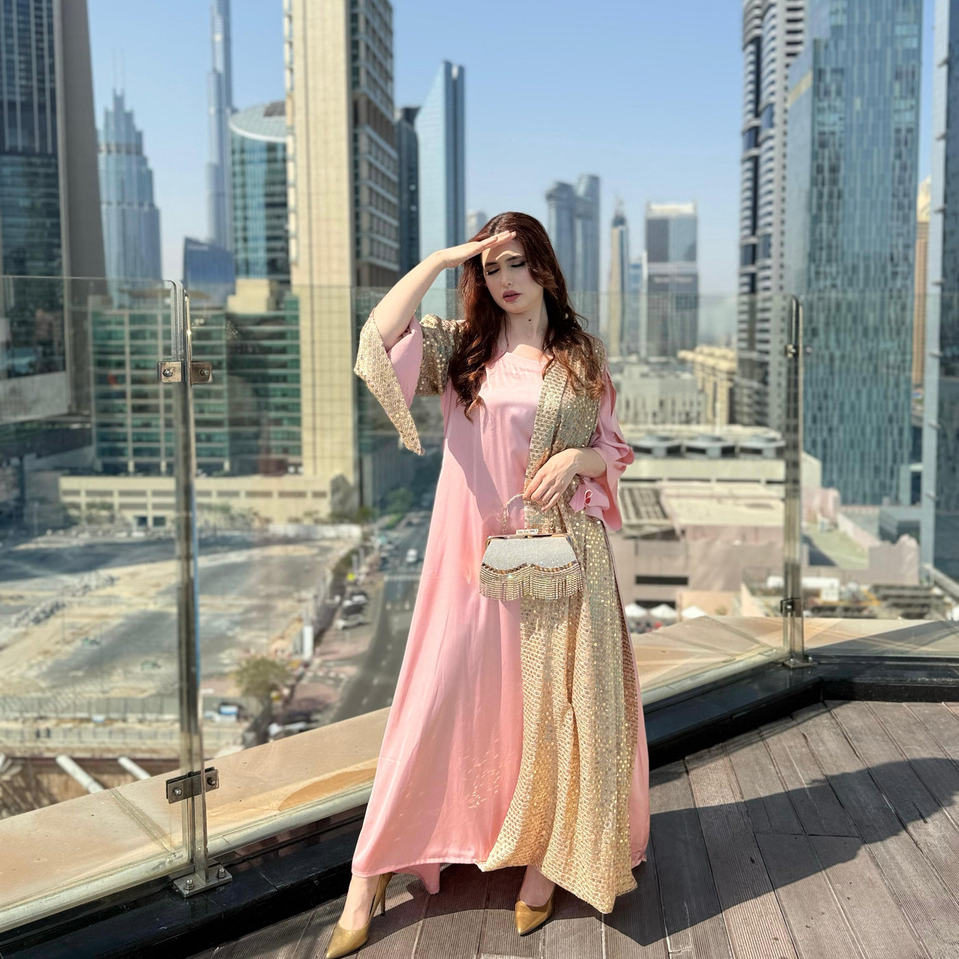 Pink Silk gown designed with fancy chiffon sequins fabric
