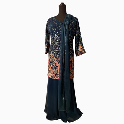 Navy blue Chiffon Sequence thread work palazzo trousers with short shirt and dupatta