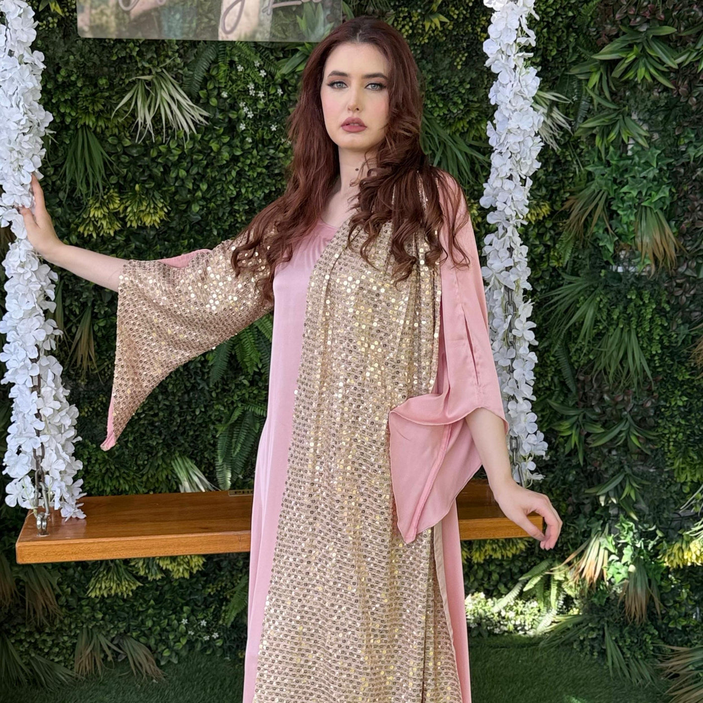 Pink Silk gown designed with fancy chiffon sequins fabric