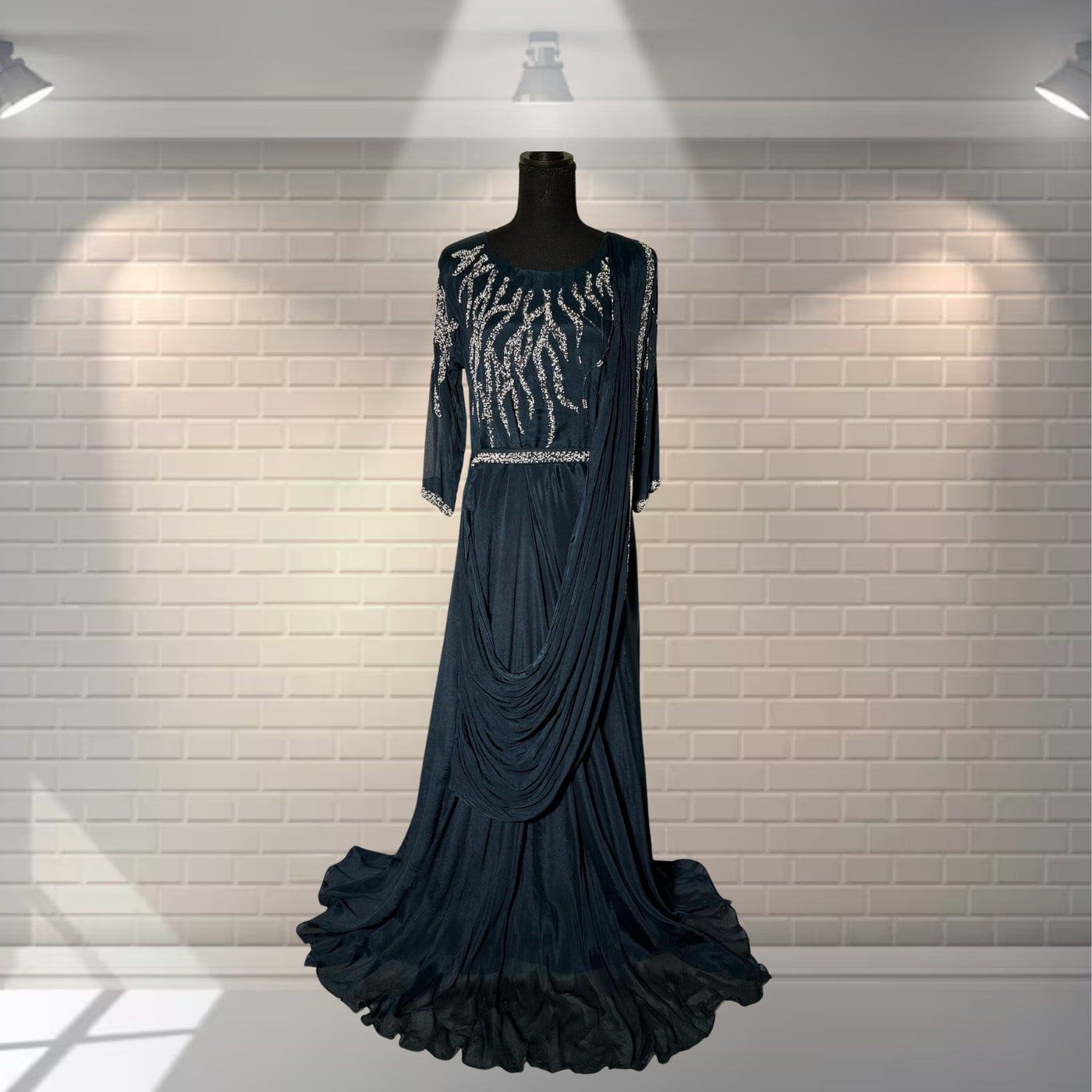 Blue fancy Western style Maxi Gown  (Cutdana & Moti work)