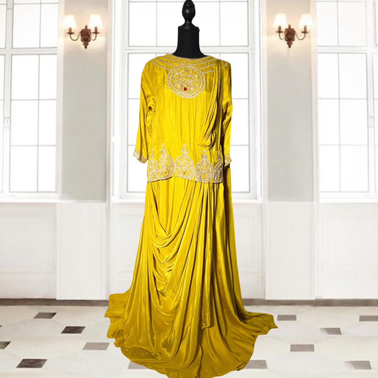 Mustard gown with Serma hand Embroidery
