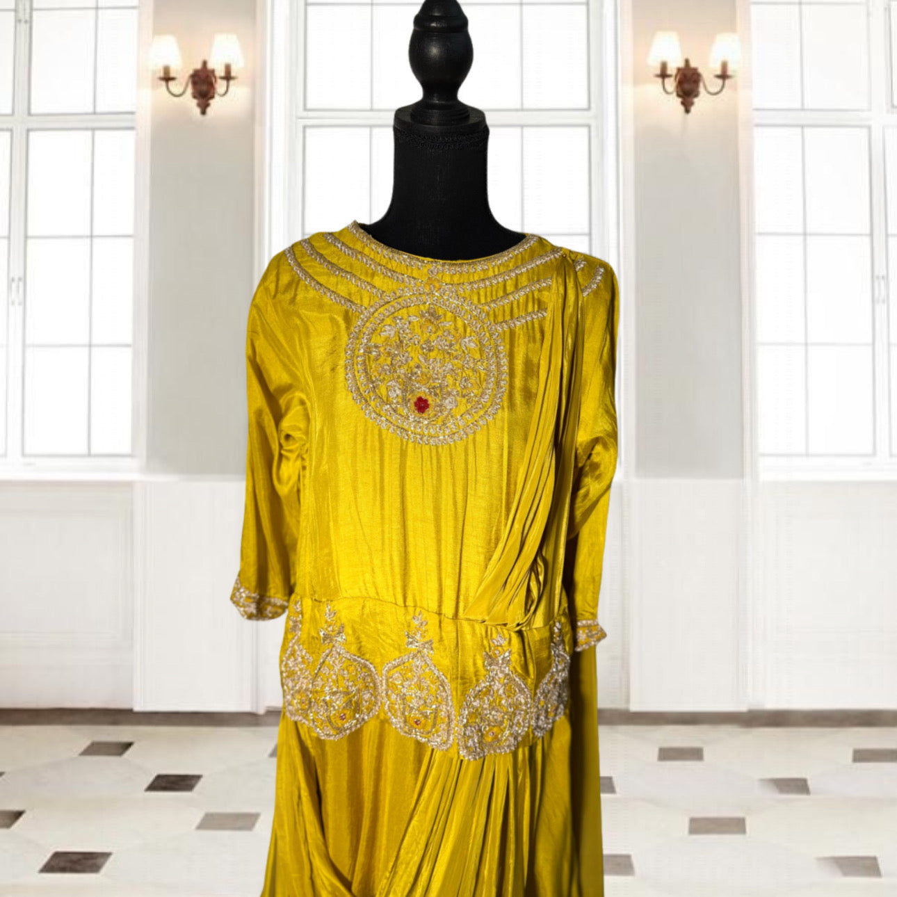Mustard gown with Serma hand Embroidery
