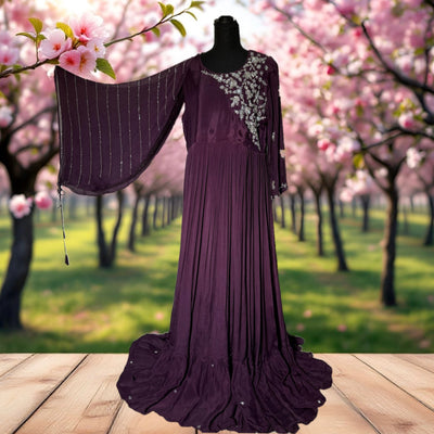Elegant purple chiffon gown with hand embroidery and sequence
